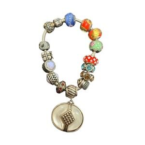 Pandora Sterling Silver Bracelet Mother of Pearl, disney, diamond, opal charms